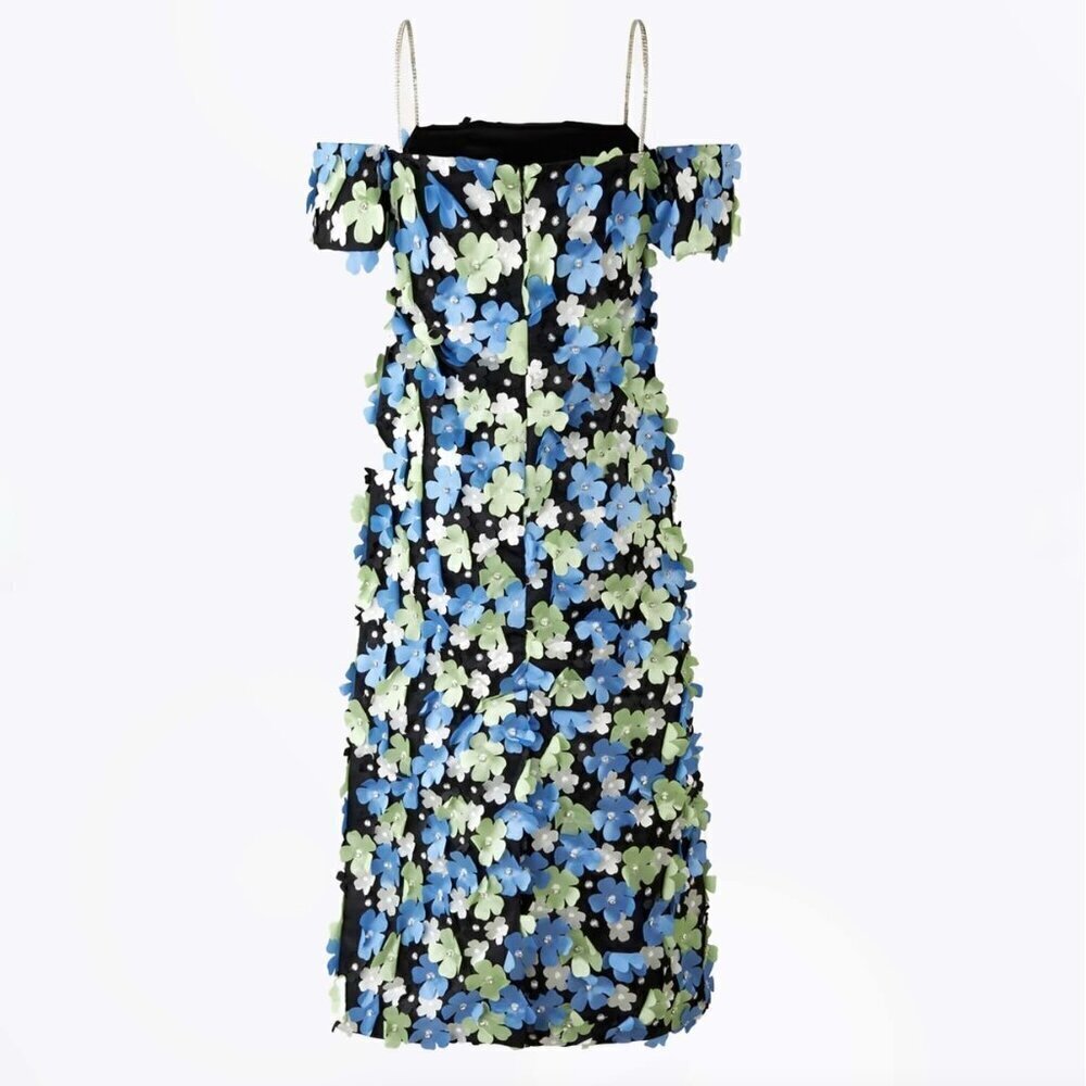 STINE GOYA Beilula Off Shoulder 3D Flower Midi Dress Crystal Garden Blue Denmark - Picture 4 of 16